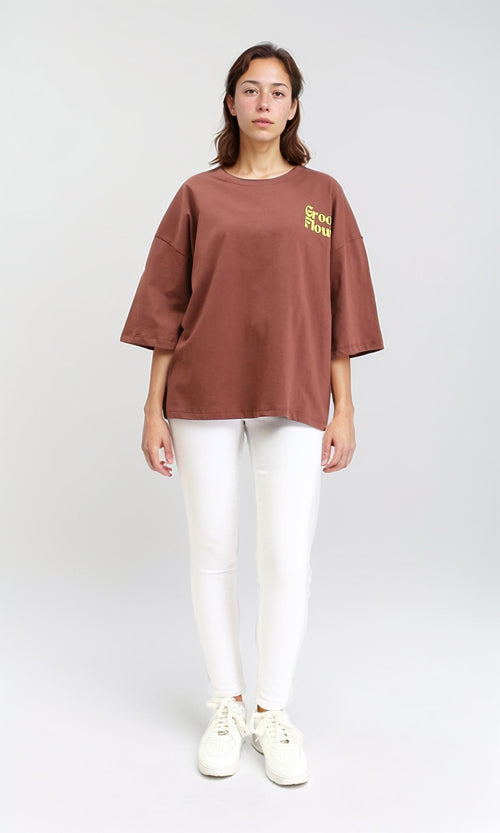 R209223 - Cotton Tee with Front & Back Print - Brown