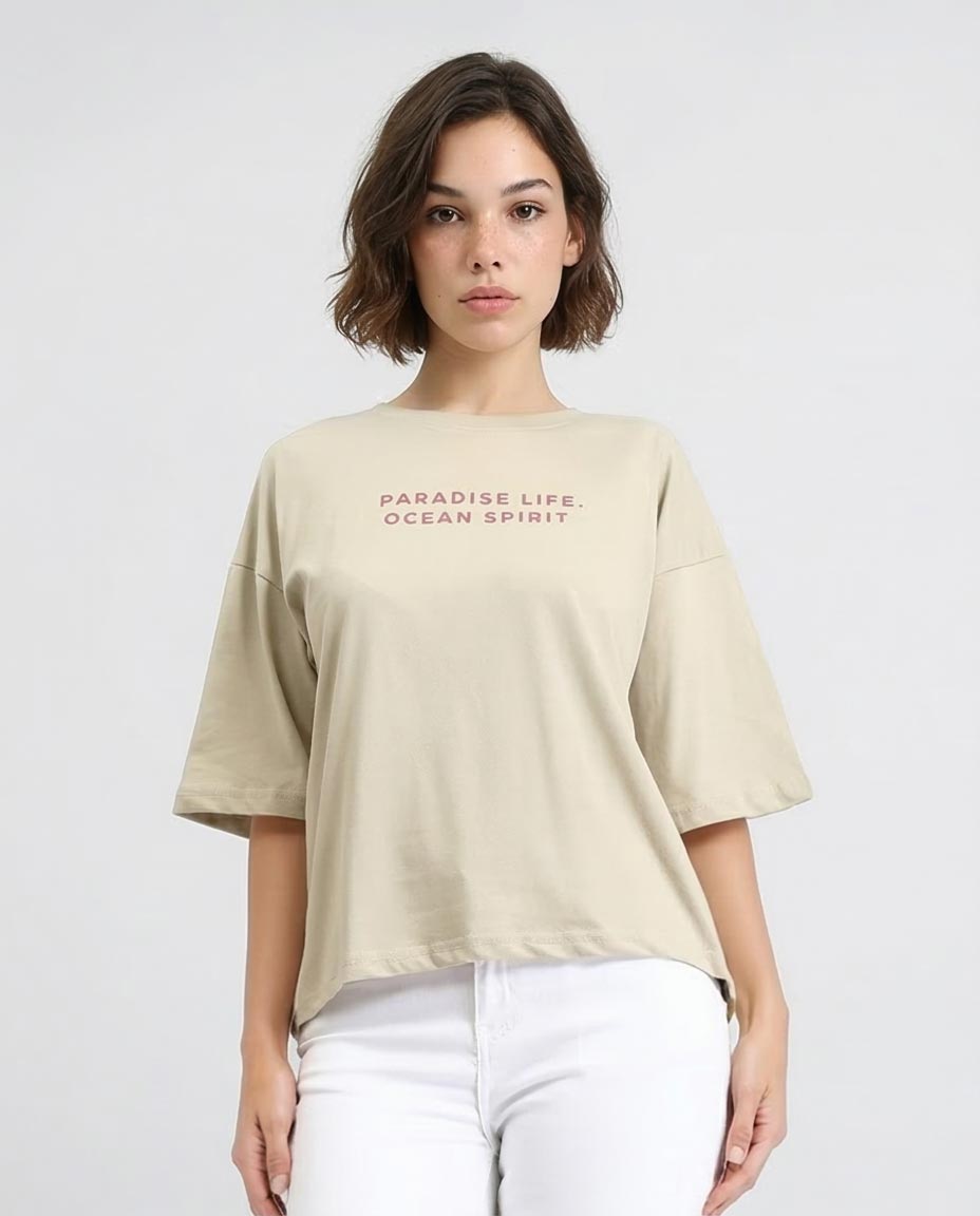 Women's Oversized "red Sea Surf Club" Graphic T-Shirt - Sand