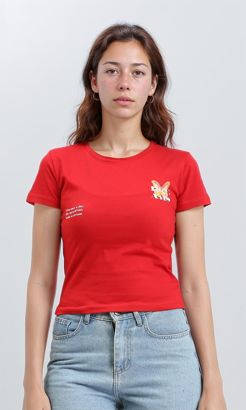 R209228 - Short Sleeves Printed Cotton Tee - Red
