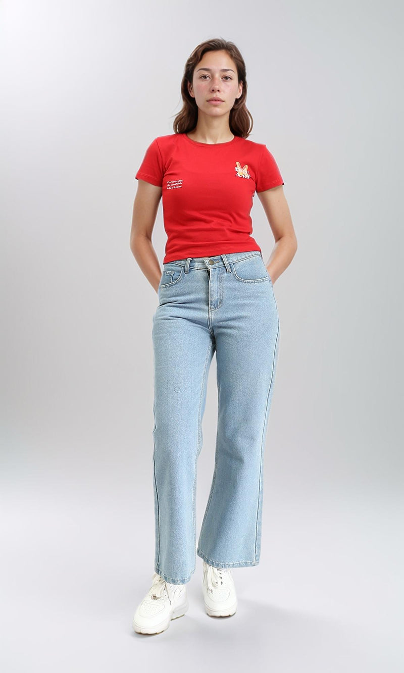 R209228 - Short Sleeves Printed Cotton Tee - Red