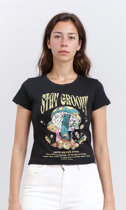 R209230 - "Stay Groovy" Printed Regular Tee - Black