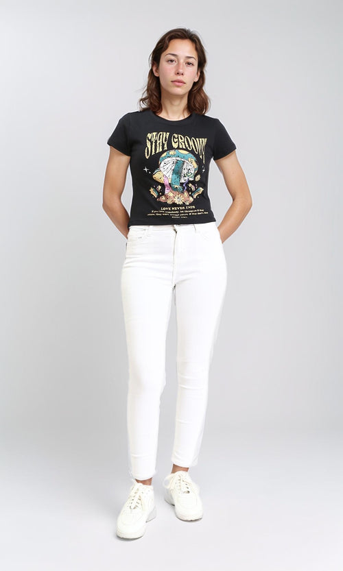 R209230 - "Stay Groovy" Printed Regular Tee - Black