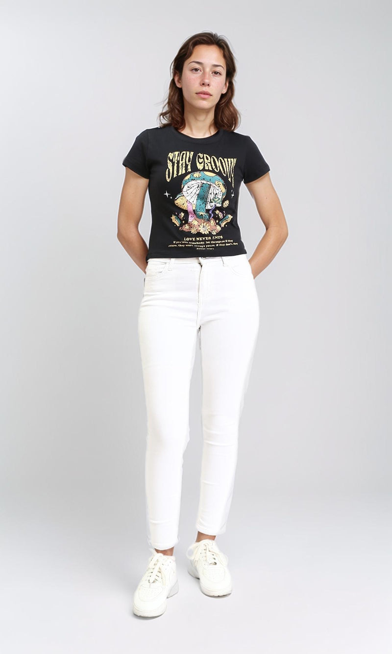 R209230 - "Stay Groovy" Printed Regular Tee - Black
