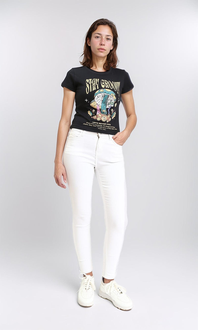 R209230 - "Stay Groovy" Printed Regular Tee - Black