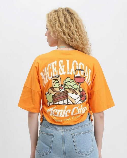 - Ravin Side-Cinch "Picnic Club" Tee in Sun-Kissed Orange - R209232