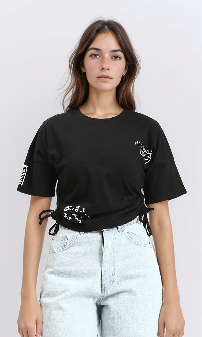 R209233 - Round Neck Printed Slip On Tee - Black