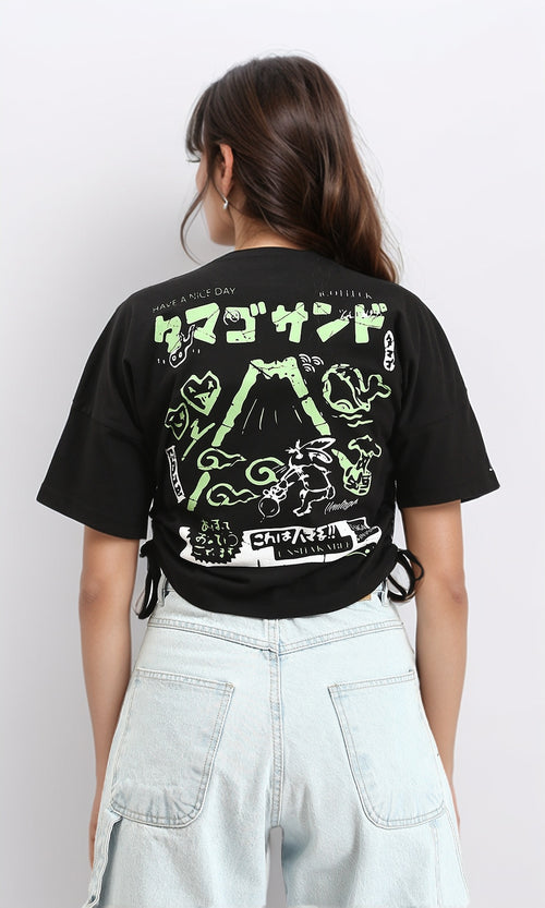 R209233 - Round Neck Printed Slip On Tee - Black