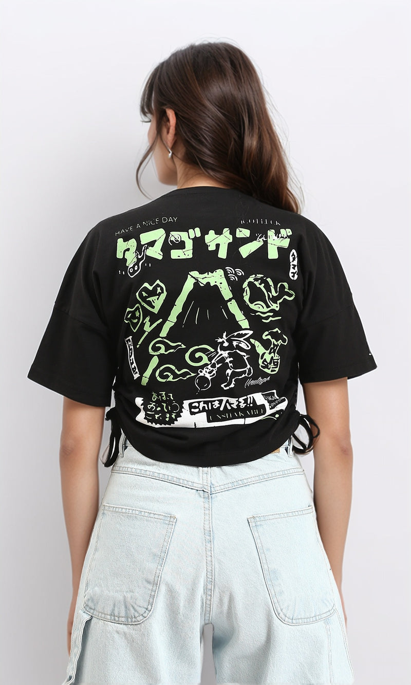 R209233 - Round Neck Printed Slip On Tee - Black