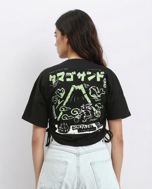 Ravin Women's Graphic Crop Tee with Side-Cinch Detail – "Tamago Sand" Edition - Black - R209233