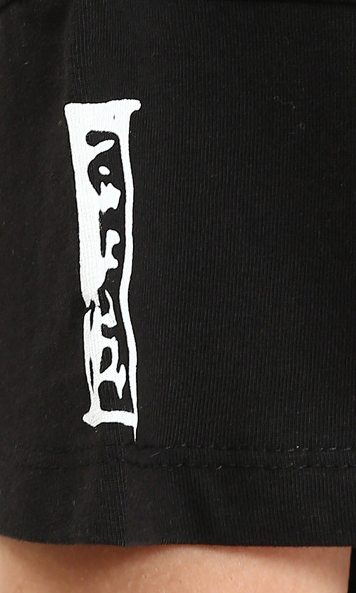 R209233 - Round Neck Printed Slip On Tee - Black