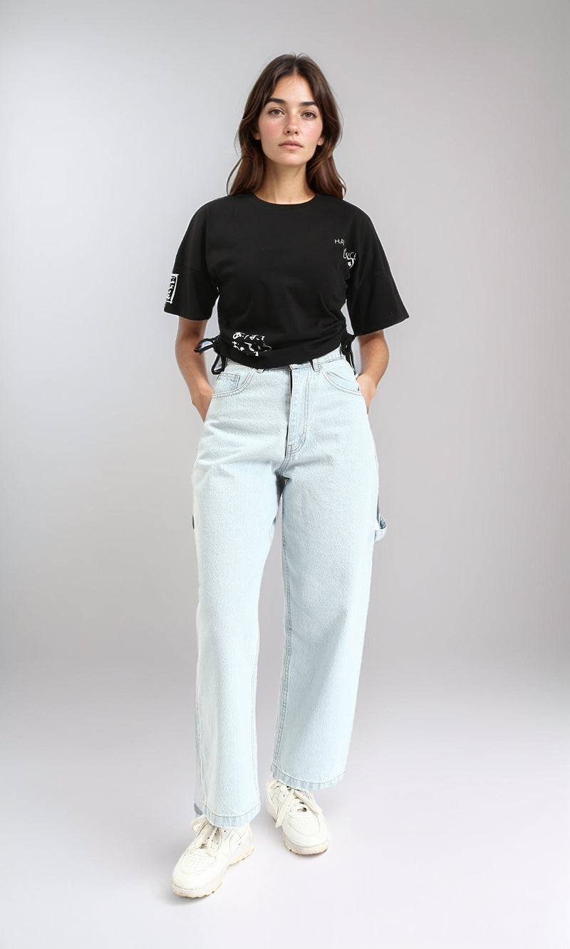 R209233 - Round Neck Printed Slip On Tee - Black