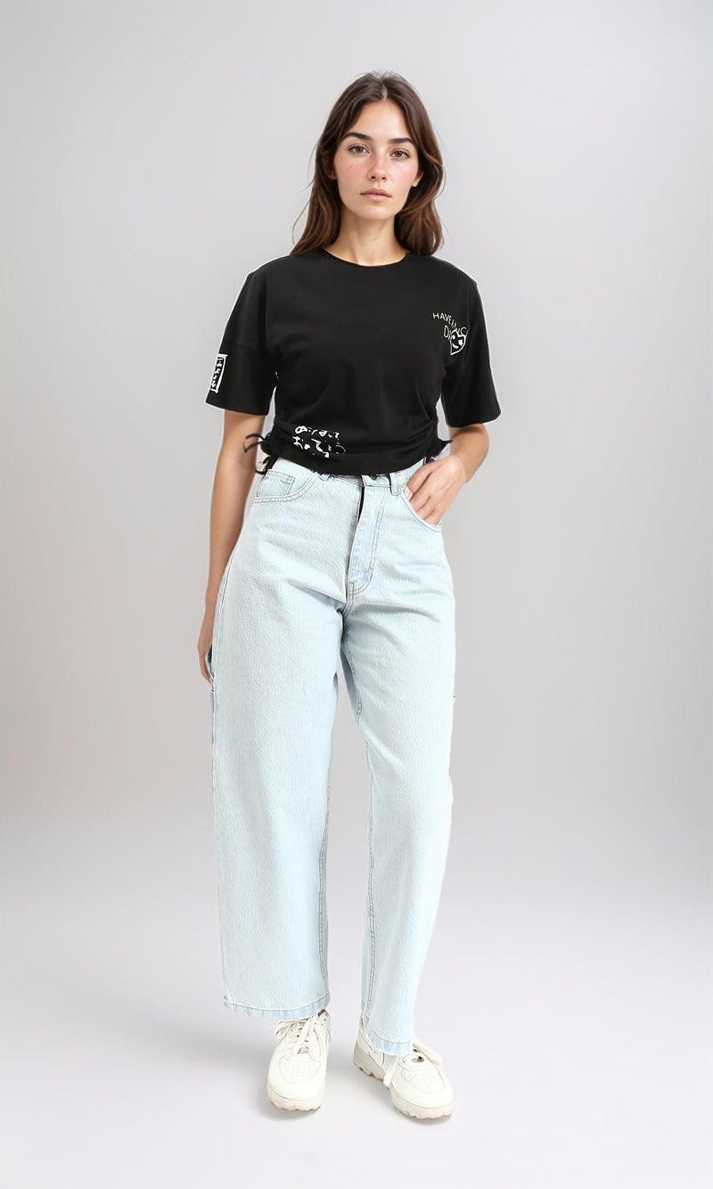 R209233 - Round Neck Printed Slip On Tee - Black