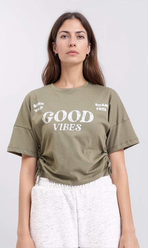 R209234 - "Good Vibes" Printed Slip On Short Tee - Olive