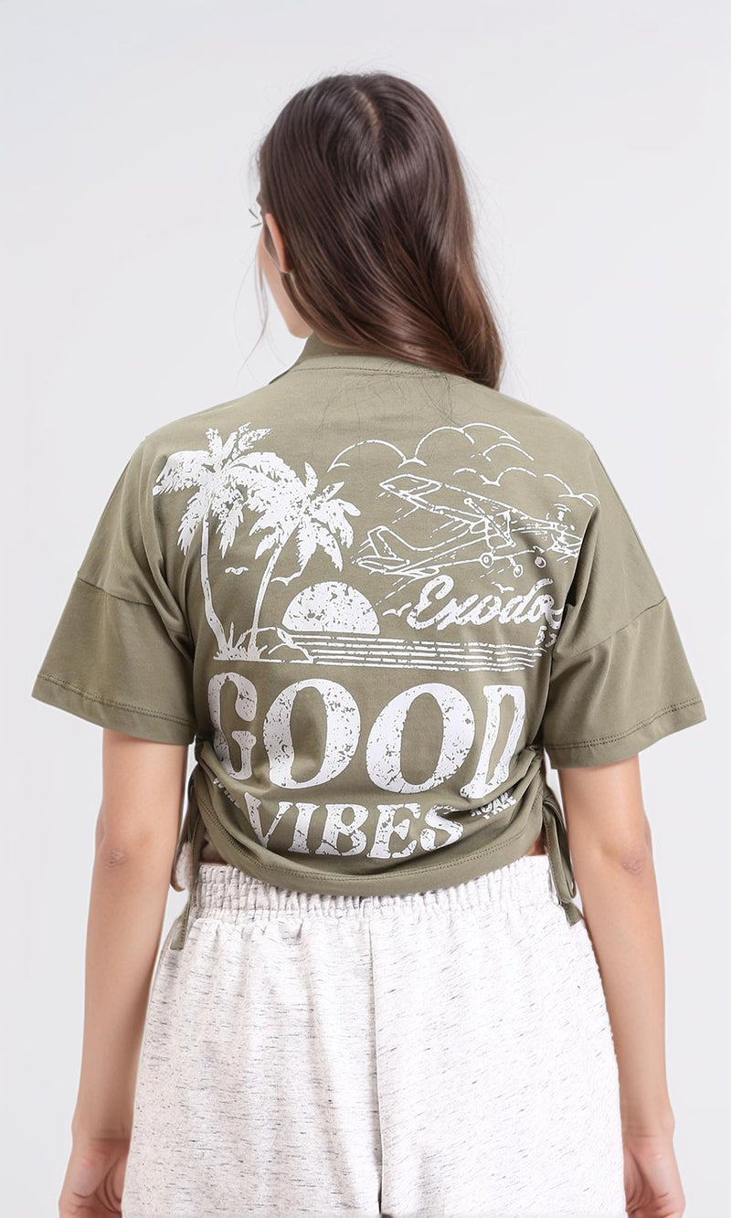 R209234 - "Good Vibes" Printed Slip On Short Tee - Olive
