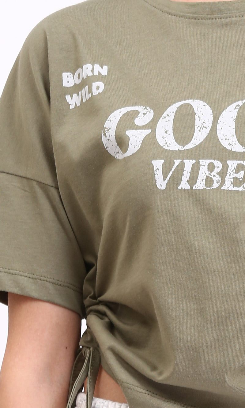 R209234 - "Good Vibes" Printed Slip On Short Tee - Olive
