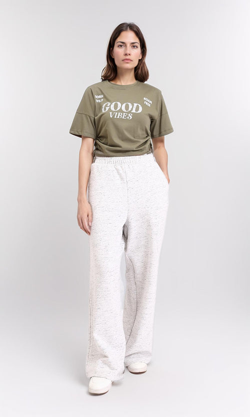 R209234 - "Good Vibes" Printed Slip On Short Tee - Olive