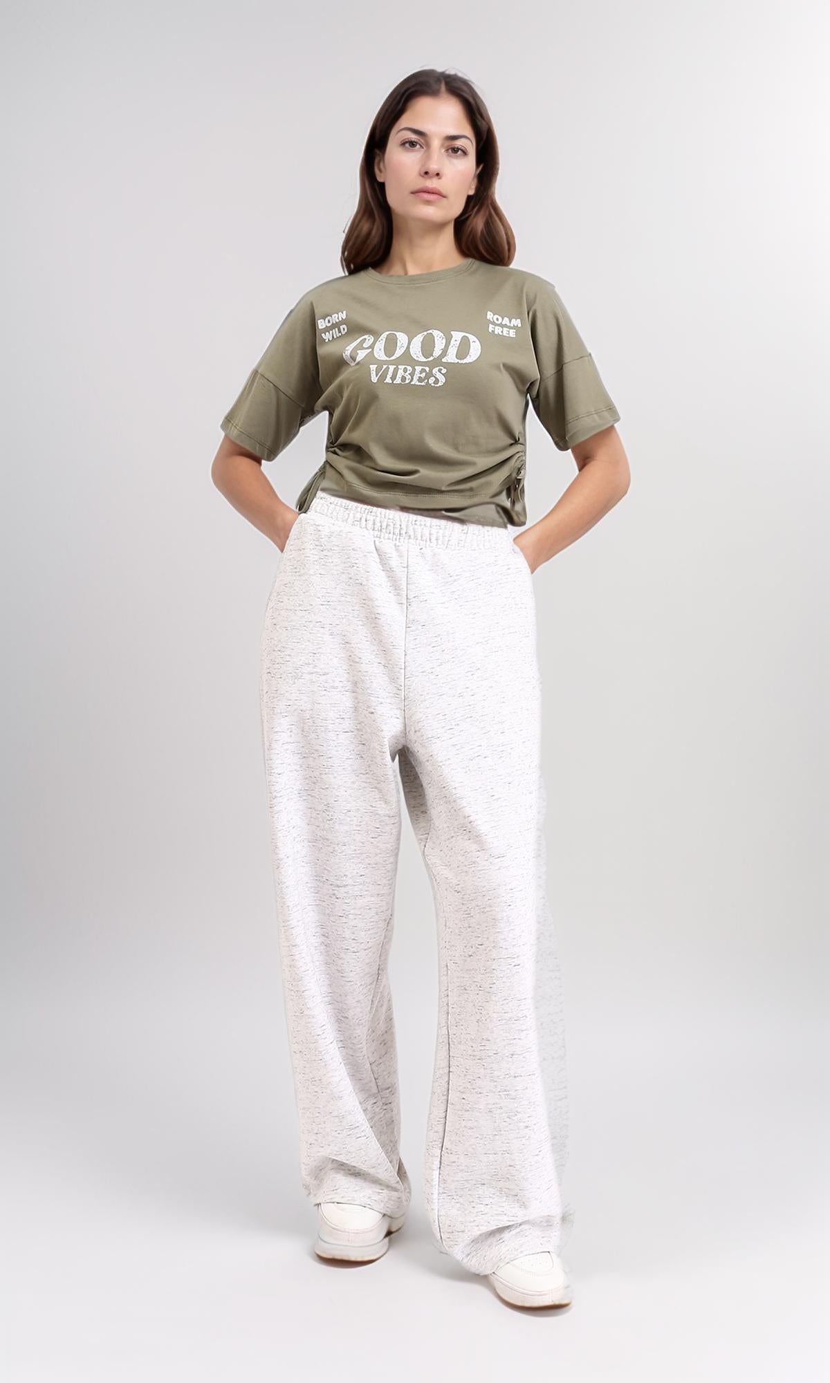 R209234 - "Good Vibes" Printed Slip On Short Tee - Olive