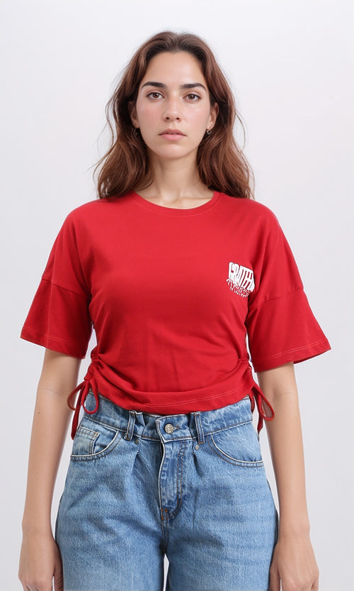 R209235 - Elbow Sleeves Tee with Side Drawstrings - Red