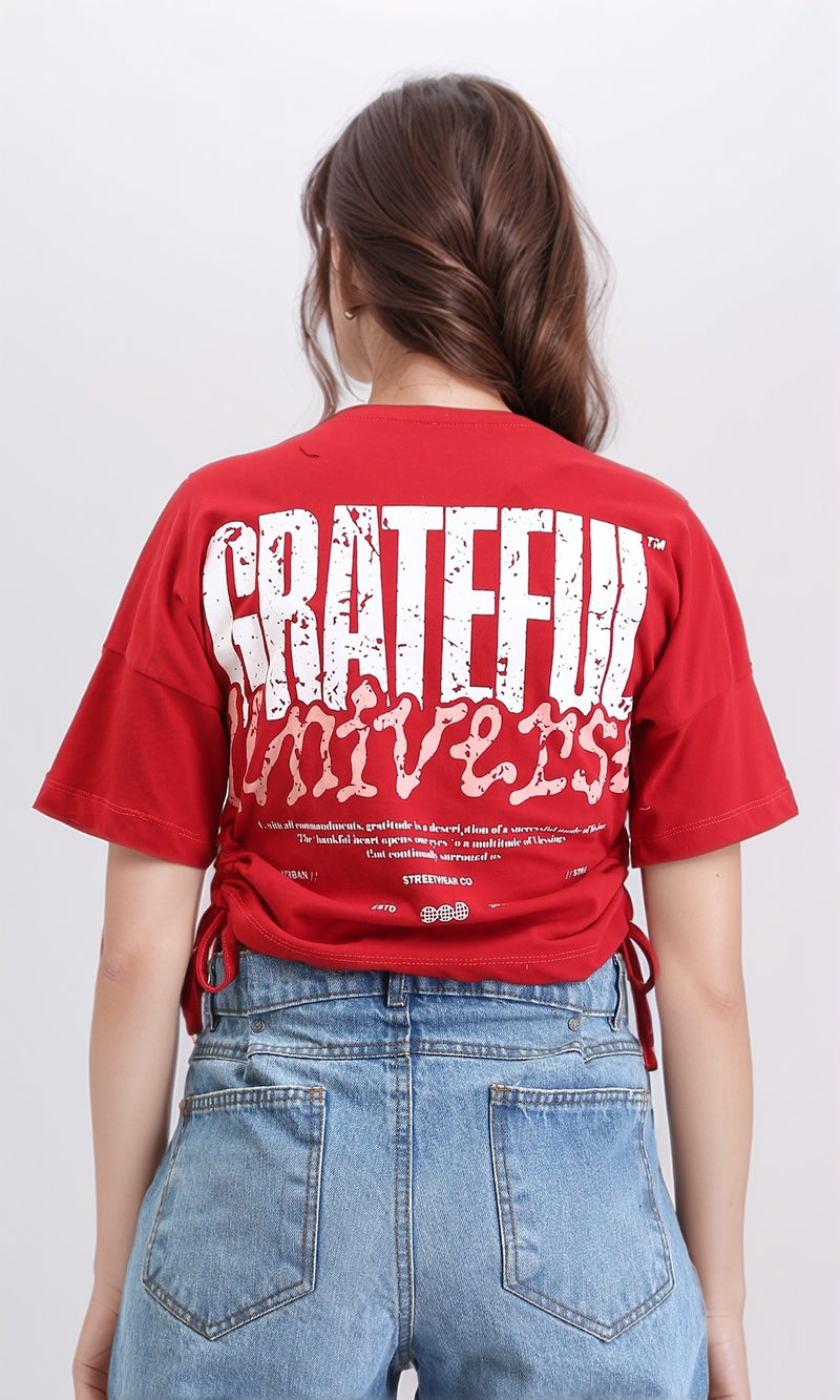 R209235 - Elbow Sleeves Tee with Side Drawstrings - Red