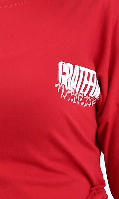 R209235 - Elbow Sleeves Tee with Side Drawstrings - Red