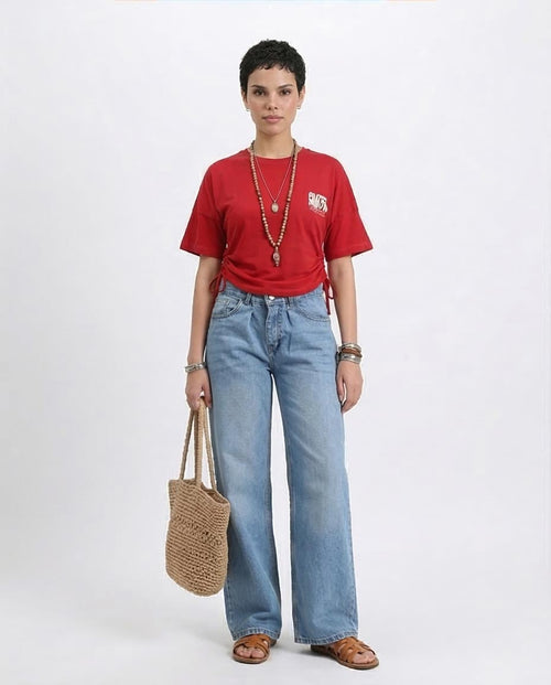 R209235 - Elbow Sleeves Tee with Side Drawstrings - Red