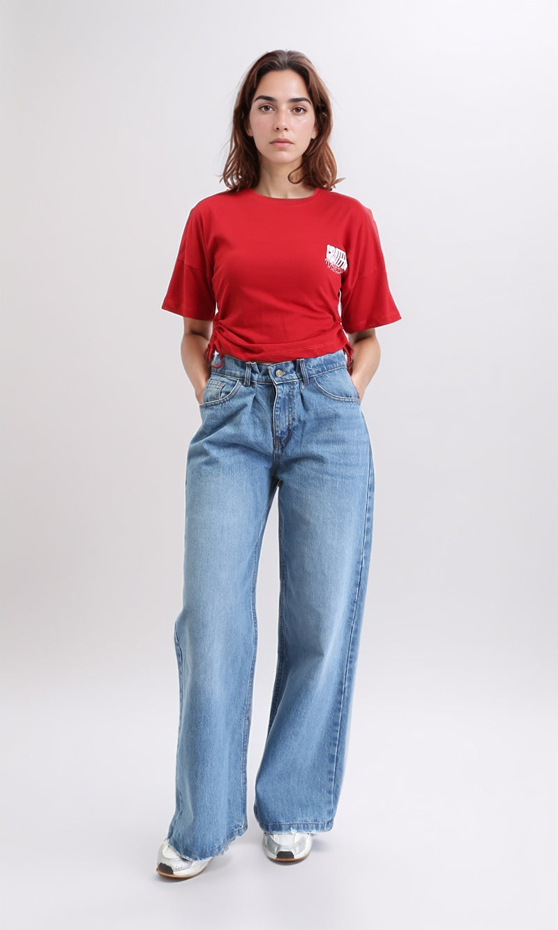 R209235 - Elbow Sleeves Tee with Side Drawstrings - Red