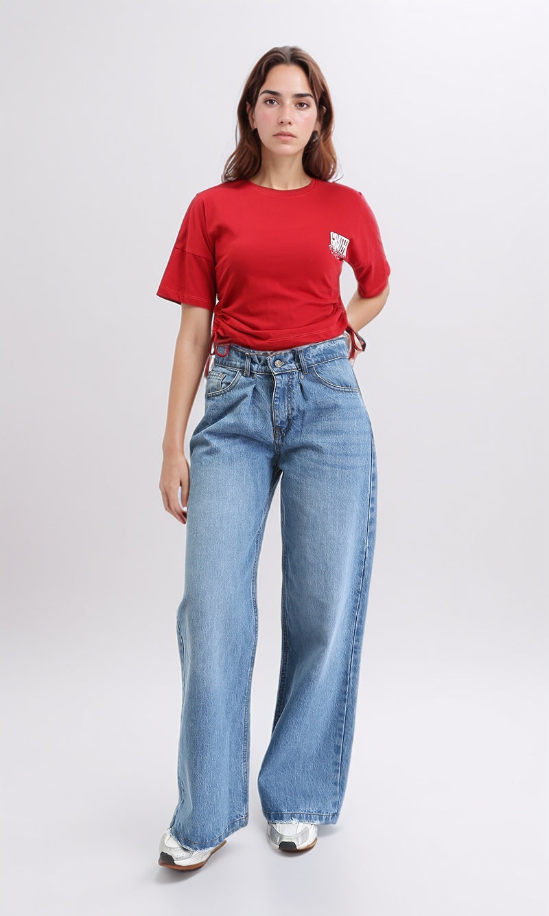 R209235 - Elbow Sleeves Tee with Side Drawstrings - Red