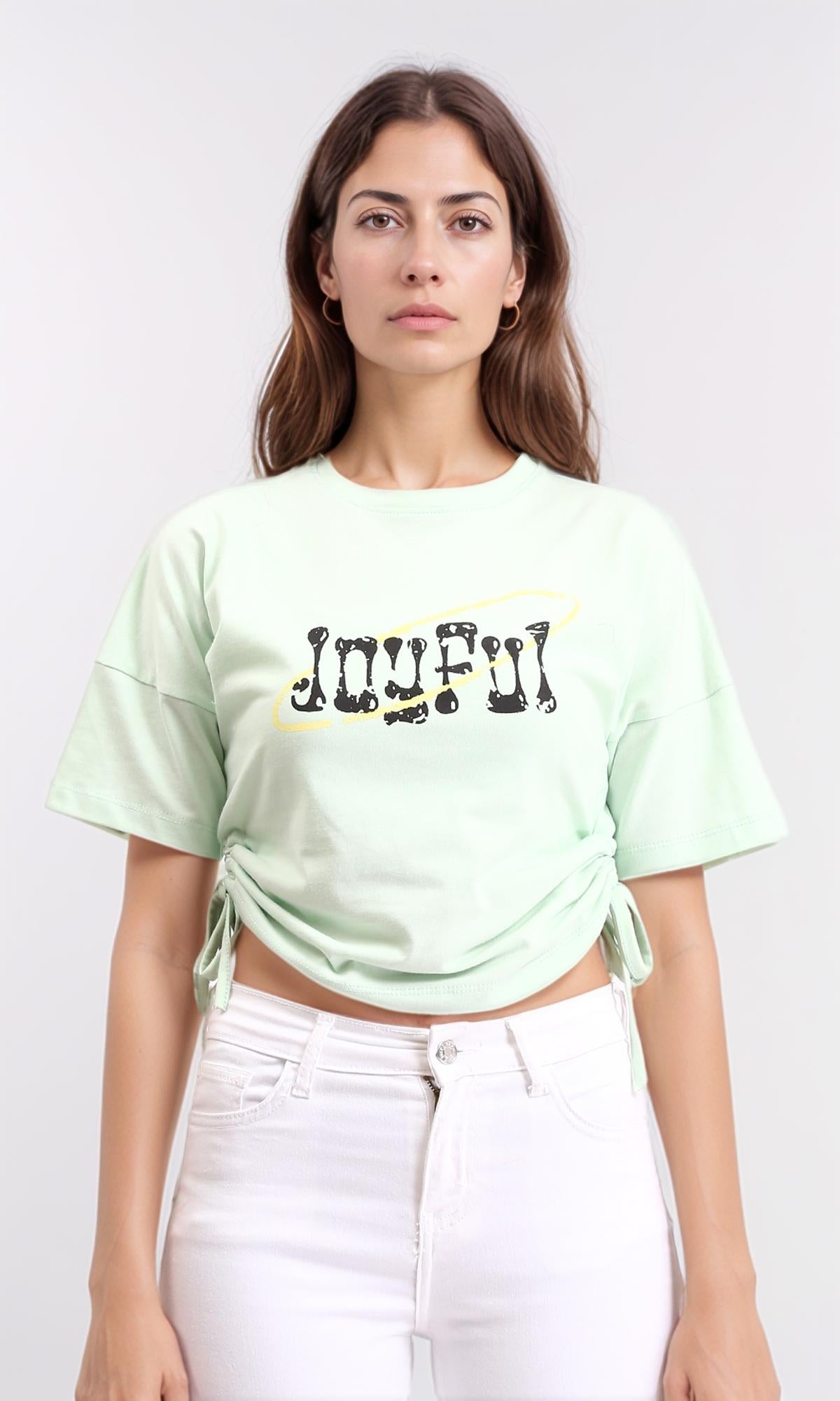 R209236 - "Joyful" Printed Slip On Short Tee - Pastel Green
