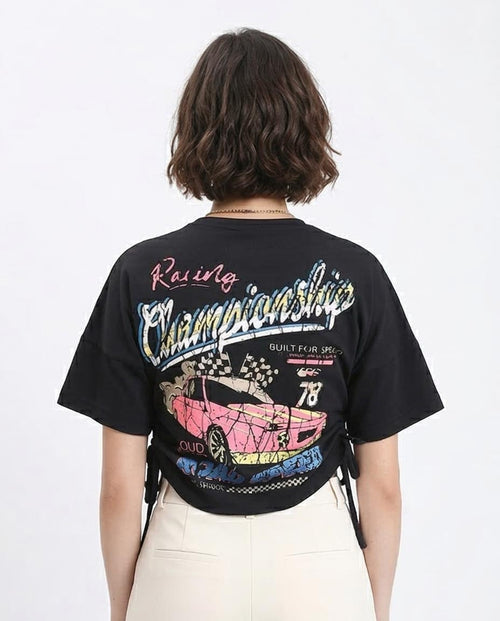 Ravin Women’s Racing Graphic Side-Tie Cropped T-Shirt - Black - R209237