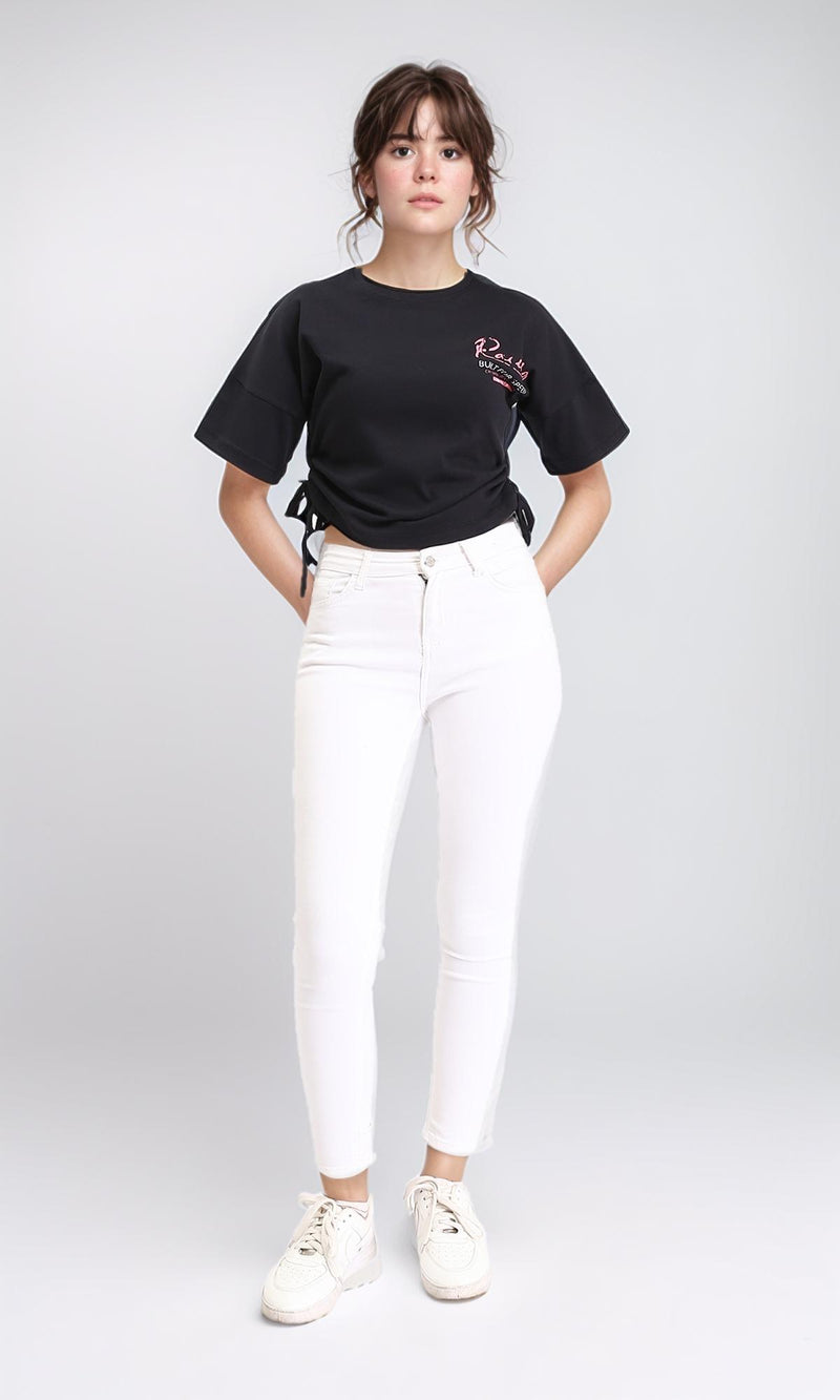 R209237 - Printed Elbow Sleeves Tee with Drawstring - Black