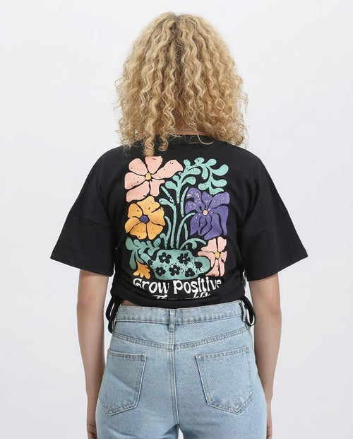 Ravin Women's "Grow Positive" Graphic T-Shirt with Cinched Side Ties - Black - R209238