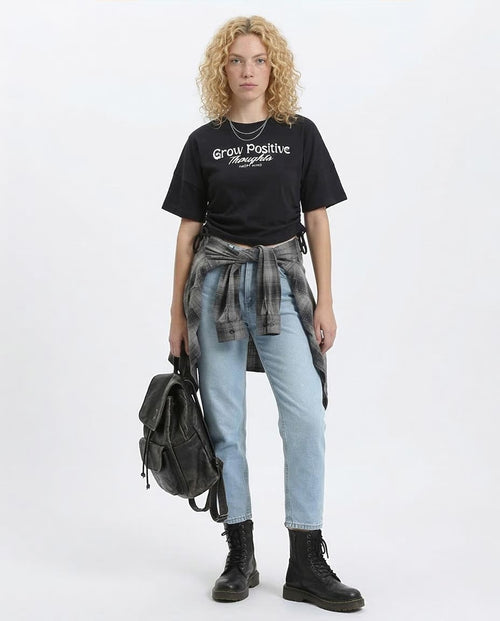 Ravin Women's "Grow Positive" Graphic T-Shirt with Cinched Side Ties - Black - R209238