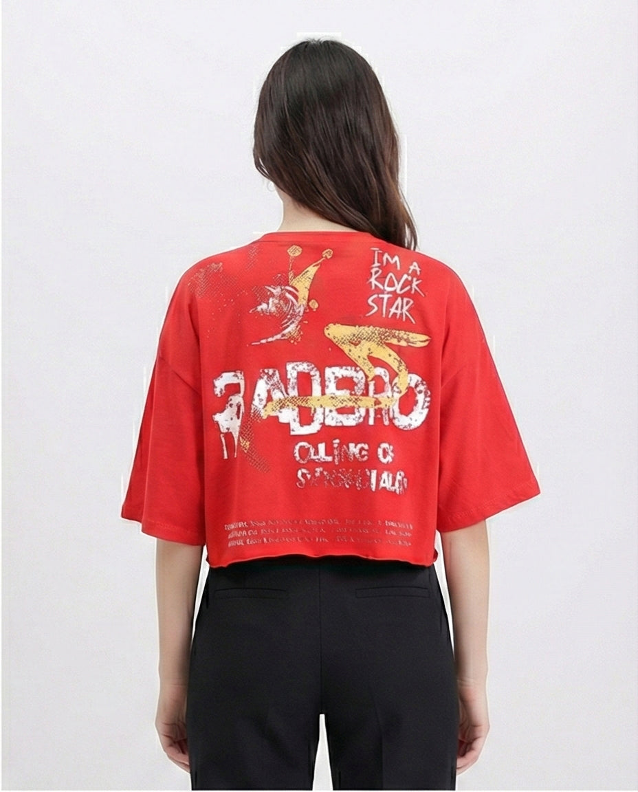 R209239 - تي شيرت قطني فضفاض مطبوع - أحمر