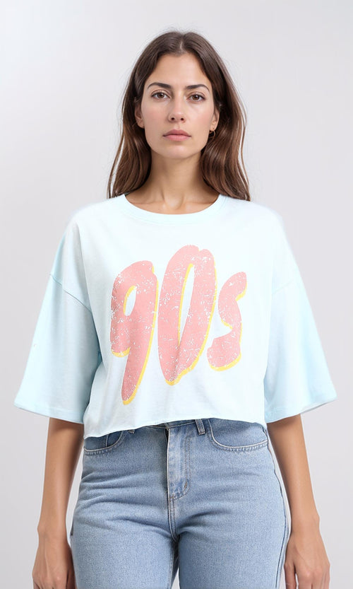 R209243 - Wide Neck Printed "90" Short Tee - Aqua