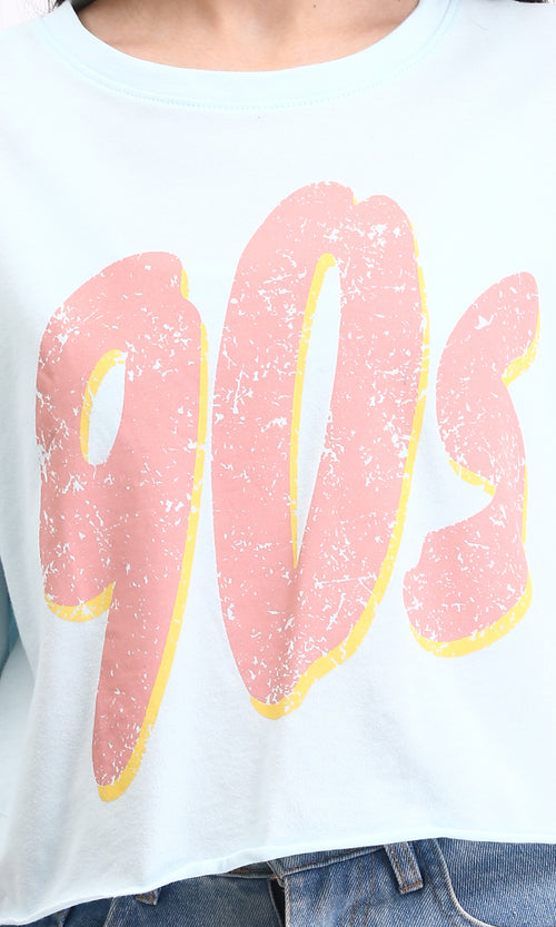 R209243 - Wide Neck Printed "90" Short Tee - Aqua