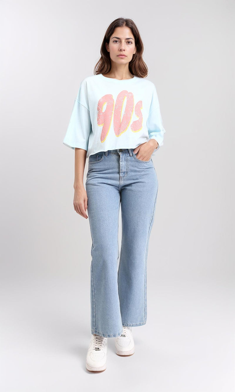 R209243 - Wide Neck Printed "90" Short Tee - Aqua