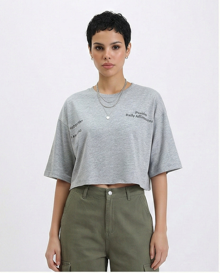 Printed Relaxed Fit Cotton Tee - Heather Grey