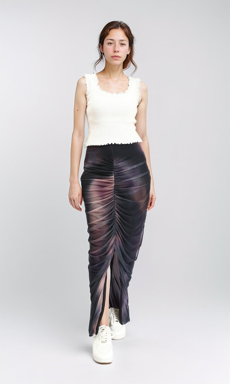 R209248 - Slip On Tulle Skirt with Front Slit - Coffee & Black