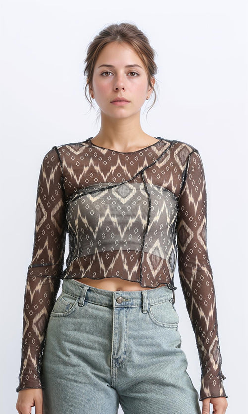 R209252 - Long Sleeves Summer Patterned Sheer Top - Black