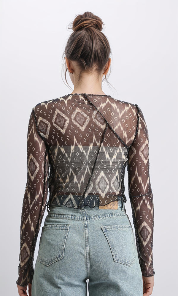 R209252 - Long Sleeves Summer Patterned Sheer Top - Black