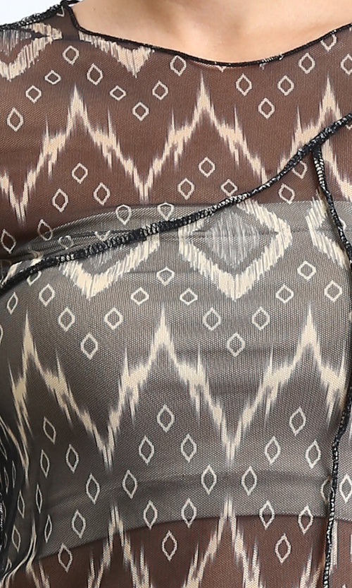 R209252 - Long Sleeves Summer Patterned Sheer Top - Black