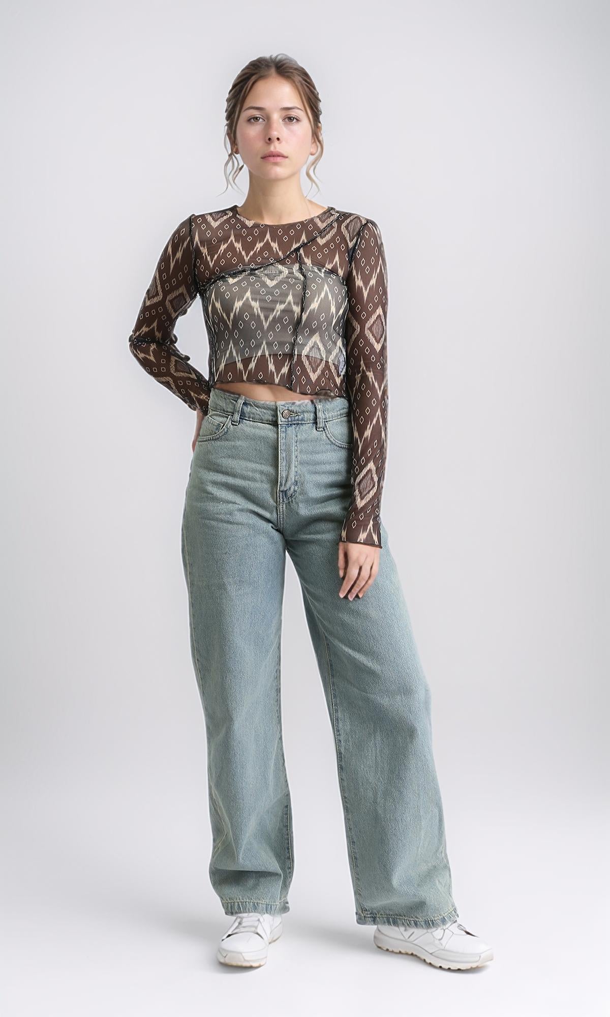 R209252 - Long Sleeves Summer Patterned Sheer Top - Black