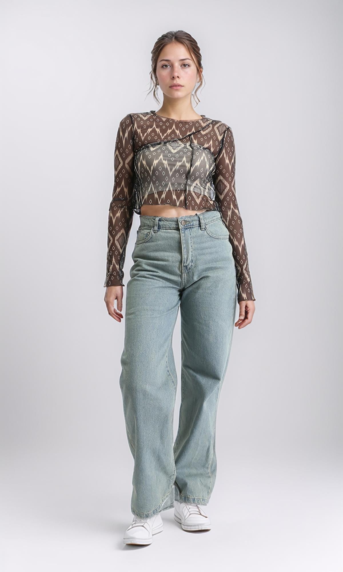 R209252 - Long Sleeves Summer Patterned Sheer Top - Black