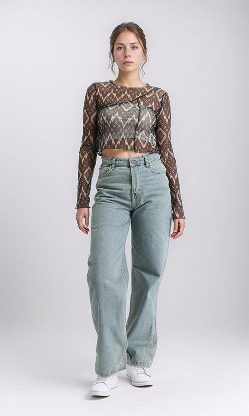 R209252 - Long Sleeves Summer Patterned Sheer Top - Black