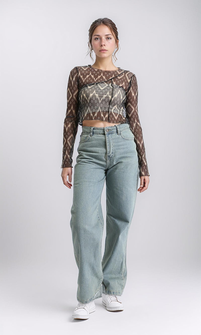 R209252 - Long Sleeves Summer Patterned Sheer Top - Black