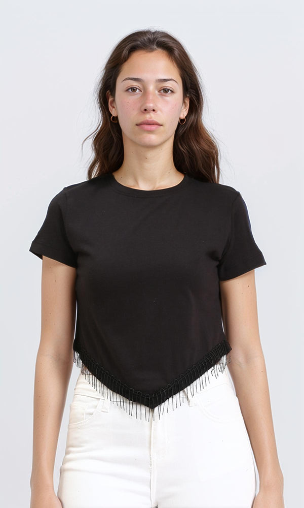 R209253 - Round Neck Short Sleeves Tee with Fringes - Black