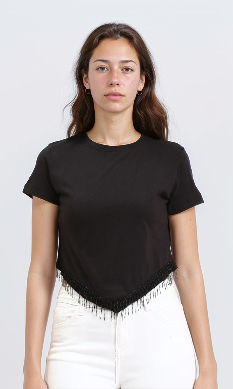 R209253 - Round Neck Short Sleeves Tee with Fringes - Black