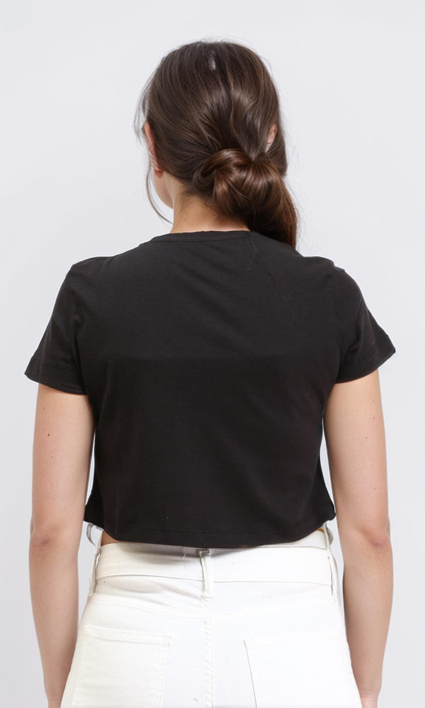 R209253 - Round Neck Short Sleeves Tee with Fringes - Black