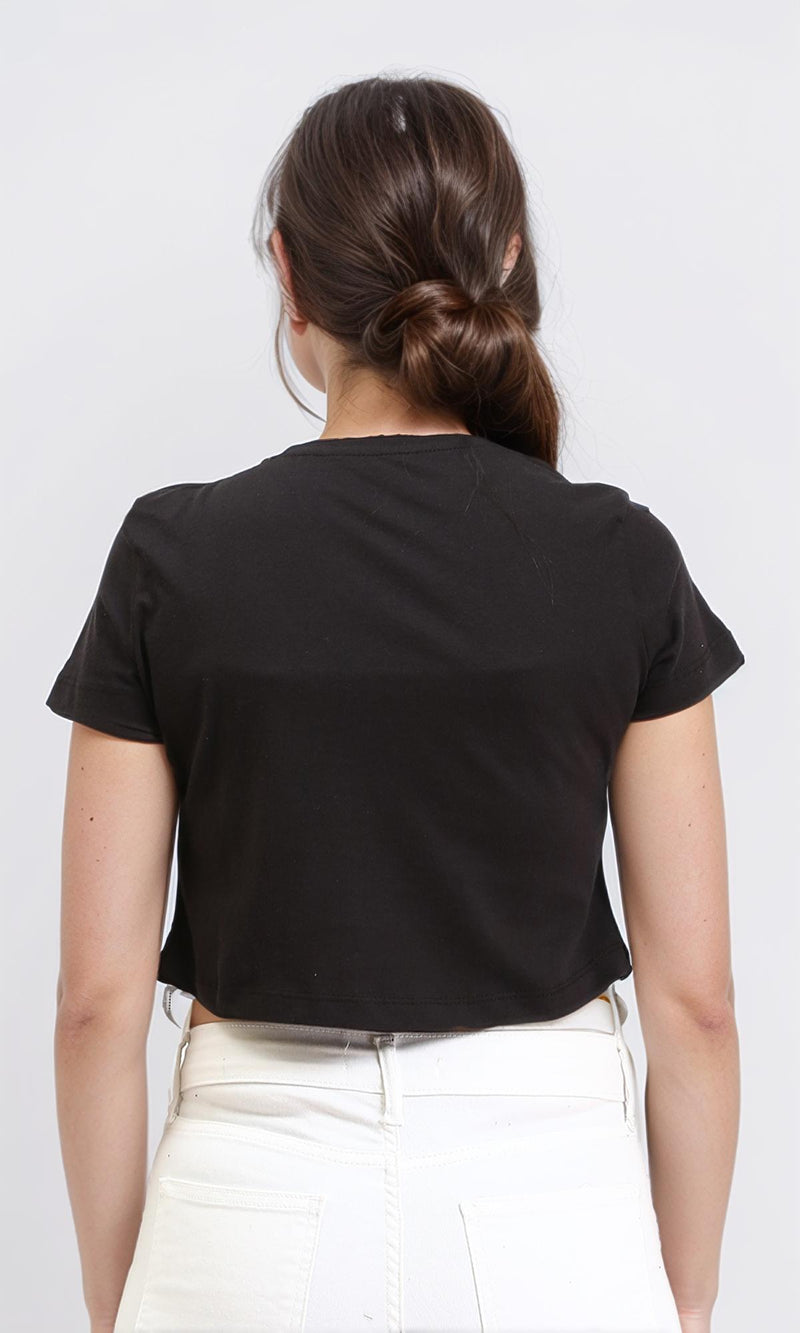 R209253 - Round Neck Short Sleeves Tee with Fringes - Black