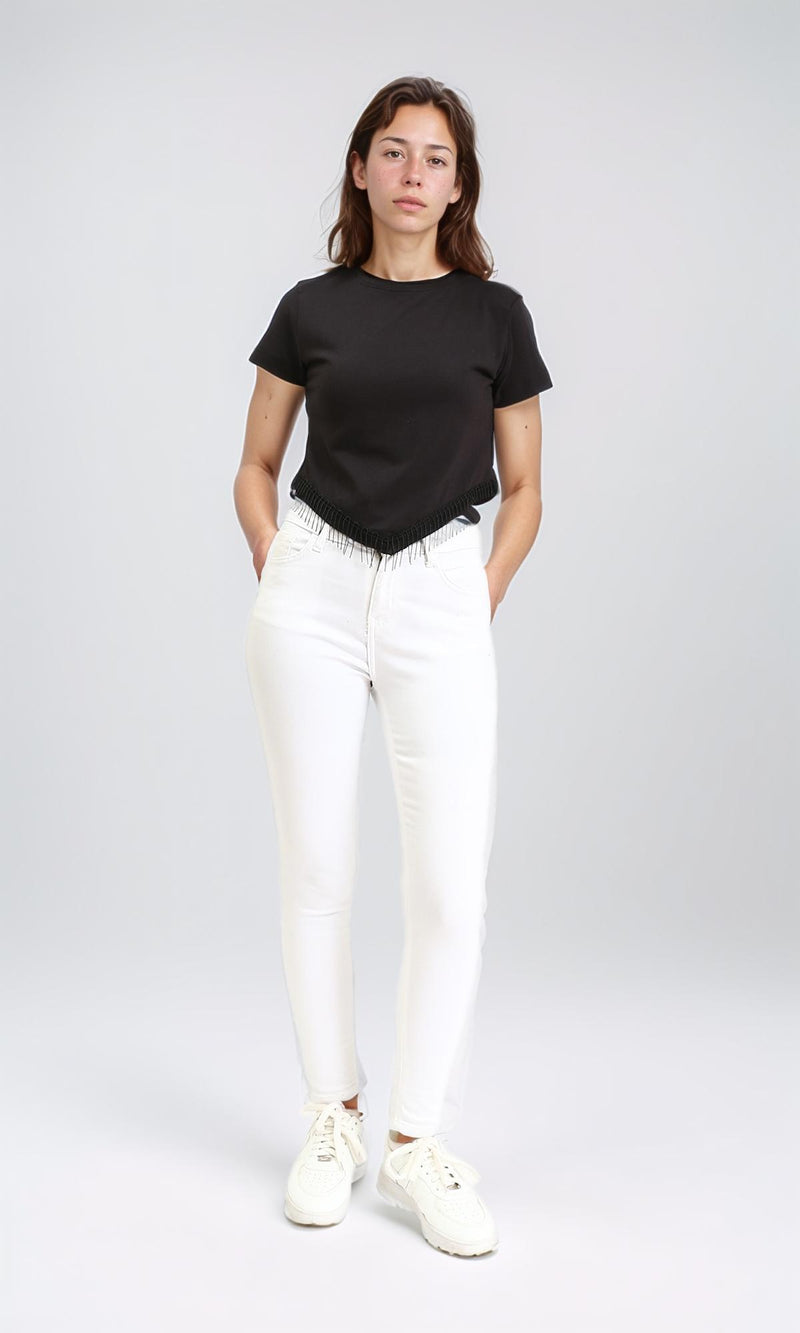 R209253 - Round Neck Short Sleeves Tee with Fringes - Black